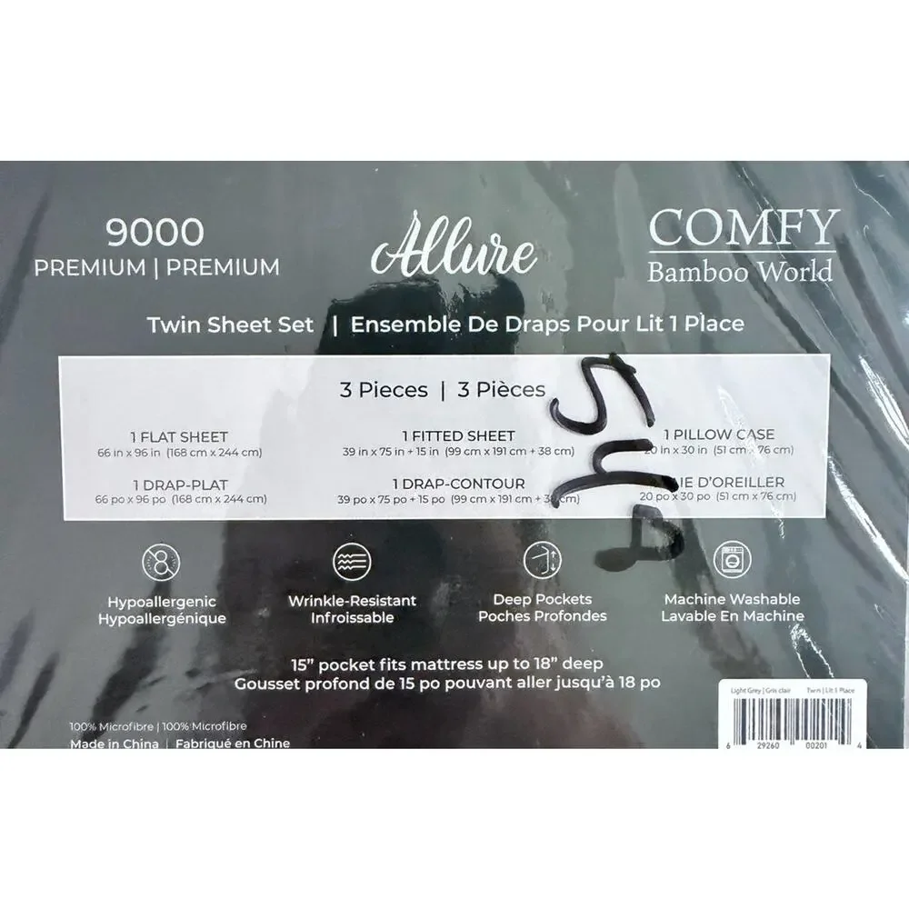 Comfy Bamboo World Premium 9000 Grey Sheets Twin Size Brand New